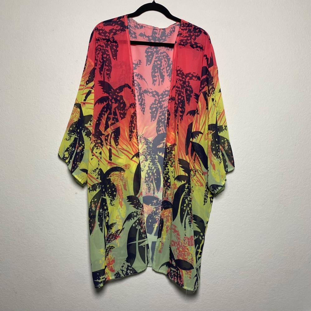 Beach Cover Up Kimono Palm Tree Womens XL Vacation Travel Pool Boho‎ Sheer Vacay